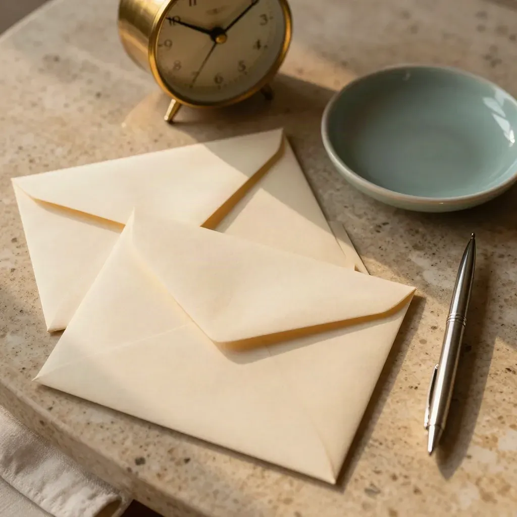Overhead of sealed envelopes, a clock, teal dish and pen on warm travertine.
