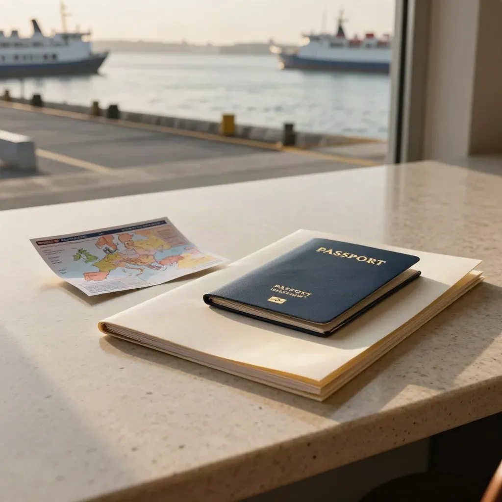 Harbour-side pension planning table with route card, passport cover and sealed folder at dawn.