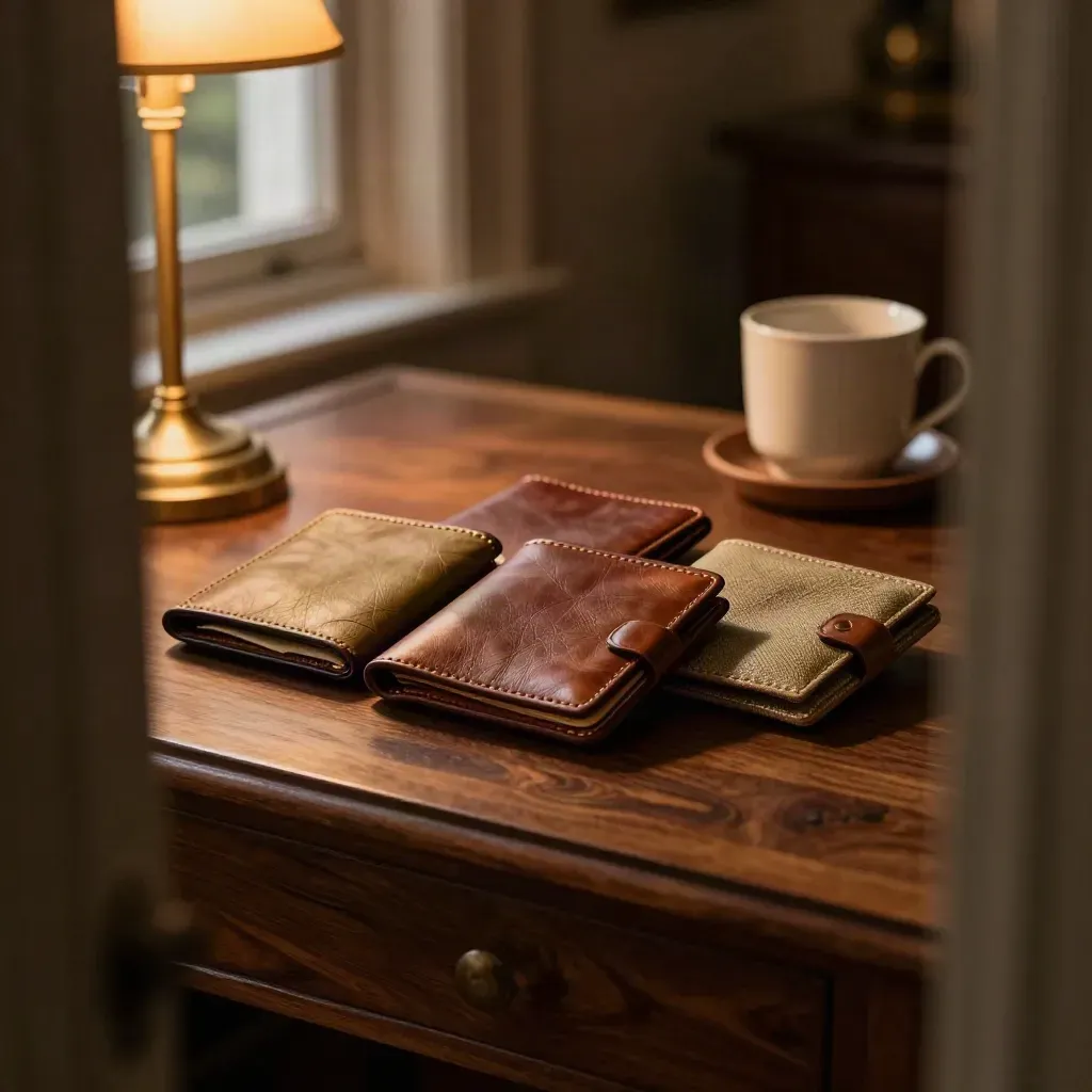 Three closed offer wallets on a hotel desk beside a lamp and cup at dusk.