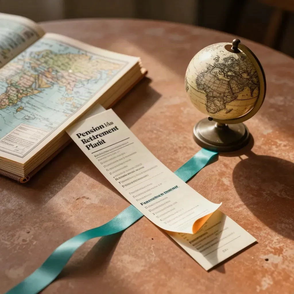 Overhead finance still life with atlas, globe, and stacked cards on terracotta table.
