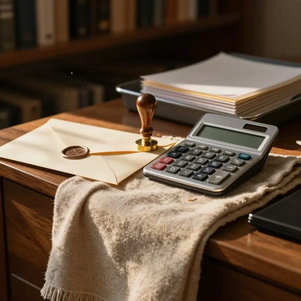 Seal-stamped envelope, brass stamp, calculator and folded cloth on a warm side desk.