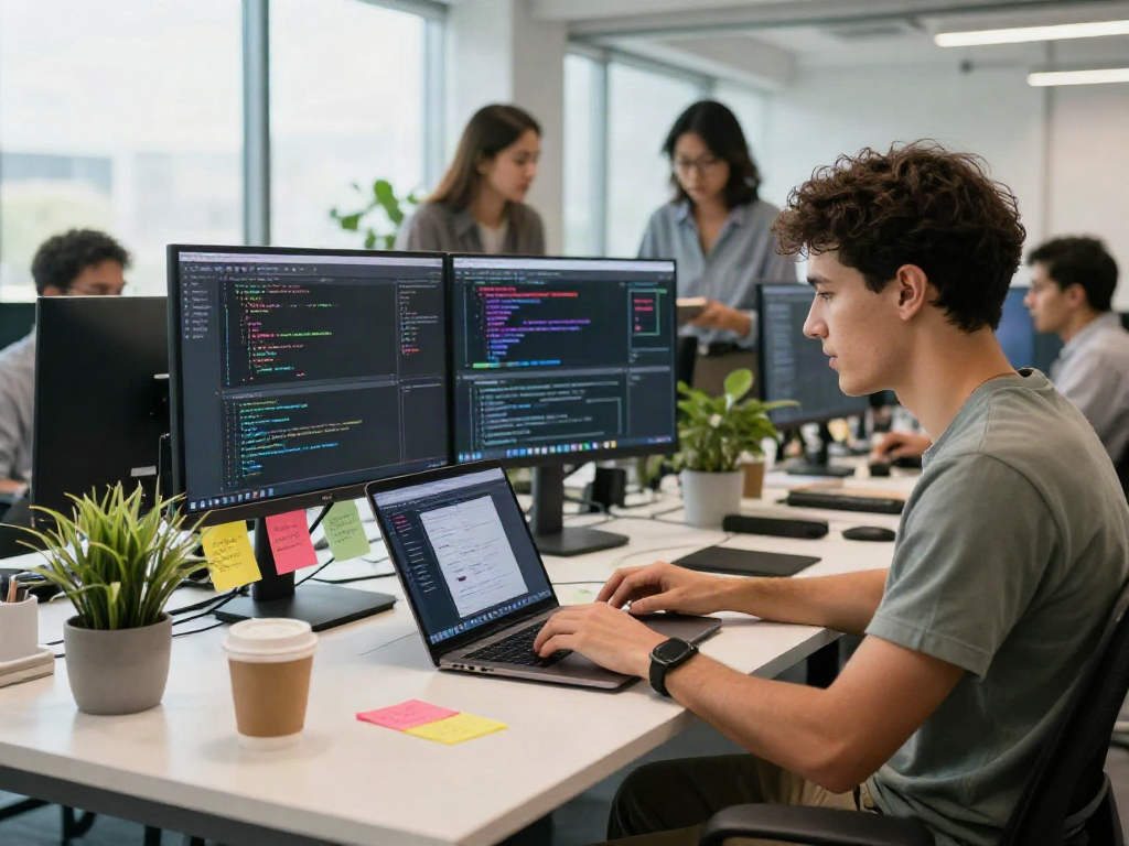 Developers collaborating on software projects at Crushon IA workspace with vibrant code displays.